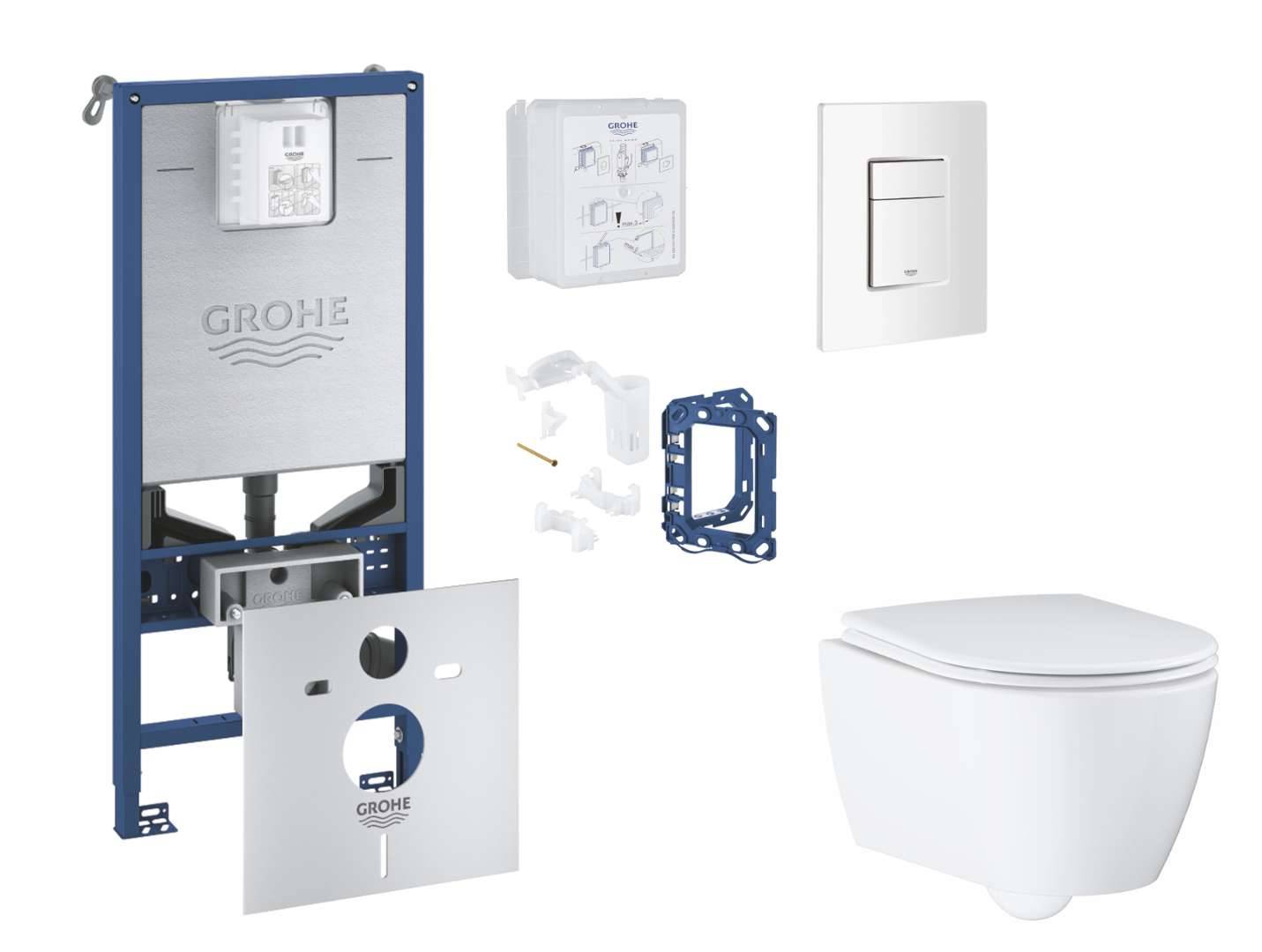 Grohe Rapid SLX - Set med väggmonterad installation, toalett, SoftClose-sits, Skate Cosmopolitan-knapp och sats för tablettinsats, alpinvit SANI11BB3142