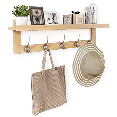 SMIBUY Klädkrokar med hylla Väggmonterad, 74 cm Entré Klädhängare för vägg, Bambu Hängande Hylla med 5 Dubbla Metallkrokar för Badrum, Sovrum, Kök, Vardagsrum, Lerrum (Natur)