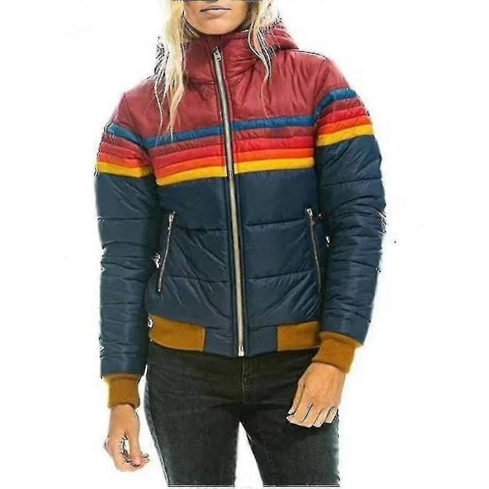 (XXXL, Navy) Womens Rainbow Zip-up Winter Down Casual Striped Hooded Puffer Coat