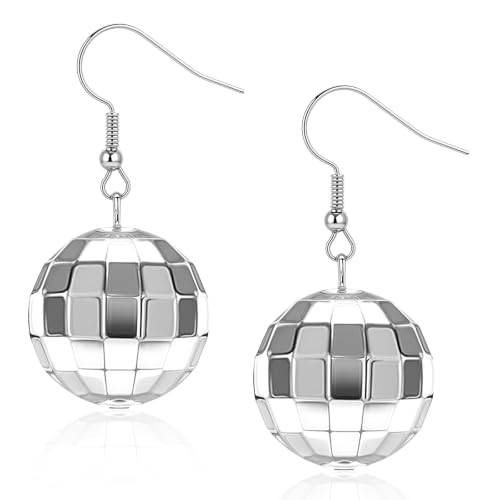 SULIKJHUI 1 par disco bollörhängen, retro festtillbehör av akryl i silver, örhängen 80-tals damer, disco outfit damer tillbehör, örhängen discokula silver