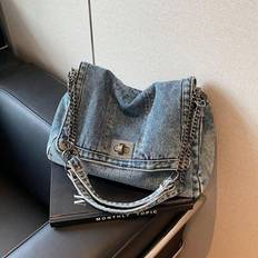 Women&#39;s Large Capacity Denim Handbag, New Fashion Commuter Tote Bag, Casual Crossbody Bag, Student School Bag, Necessary Daily Travel Shopping Bag, Co - Blue
