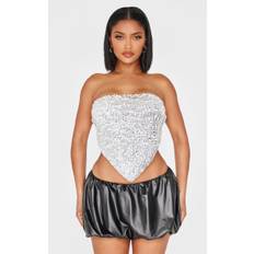 Shape Silver Sequin Bandeau Open Back Dip Hem Top, Grey - 20