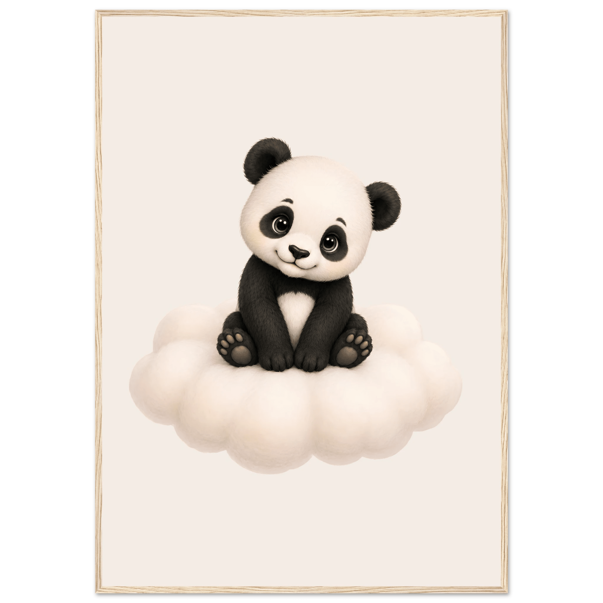 Söt panda på moln poster-70x100 cm / 28x40″ / Med ram / Ljust trä