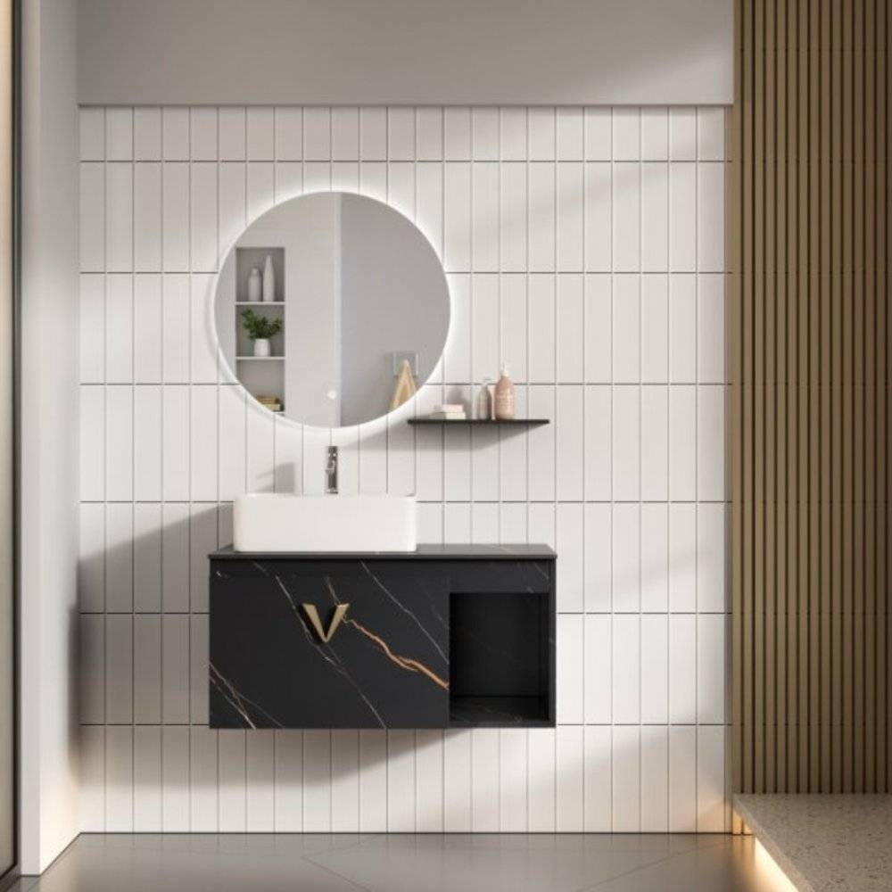 Luxe Badrumspaket 80 cm Skifferbänkskiva, keramiskt tvättställ & LED-spegel | Mjukstängning