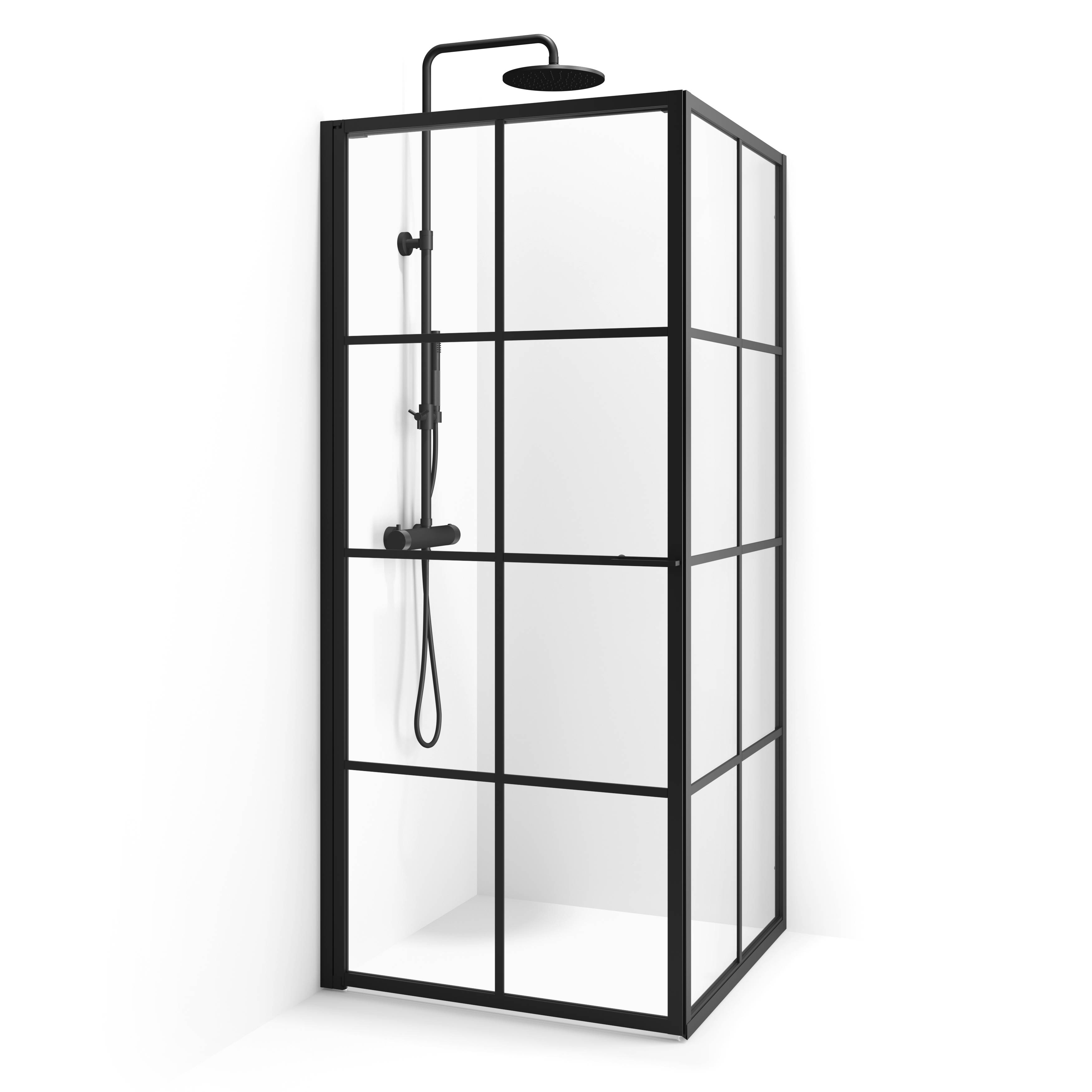 New York brusehjørne - dør og væg - Sorte sprosser - klart glas 85,5 x 78,5 cm