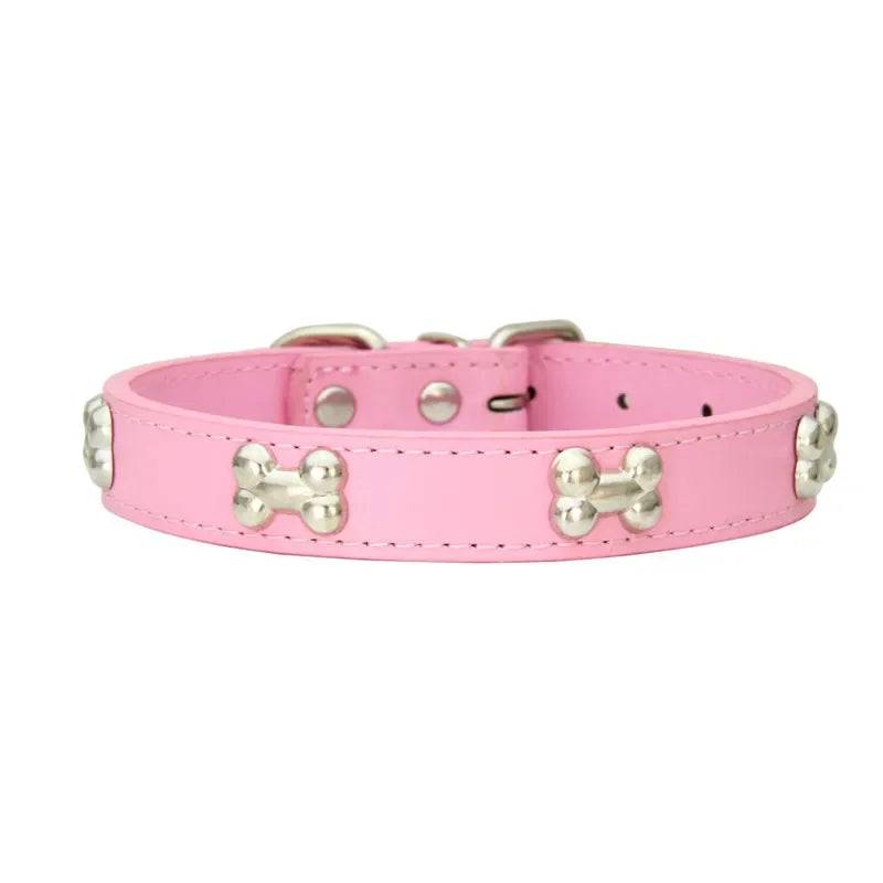 Durable Leather Dog Collar with Bone Design for Small to Large Dogs - Pink / XS（old） (XS（old）)