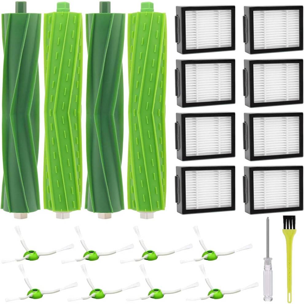Tilbehør til iRobot Roomba i7 i7+ / i7 Plus E5 E6 E7 robotstøvsugere, reservedelssæt med 4 gummibørster, 8 HEPA-filtre, 8 sidefiltre