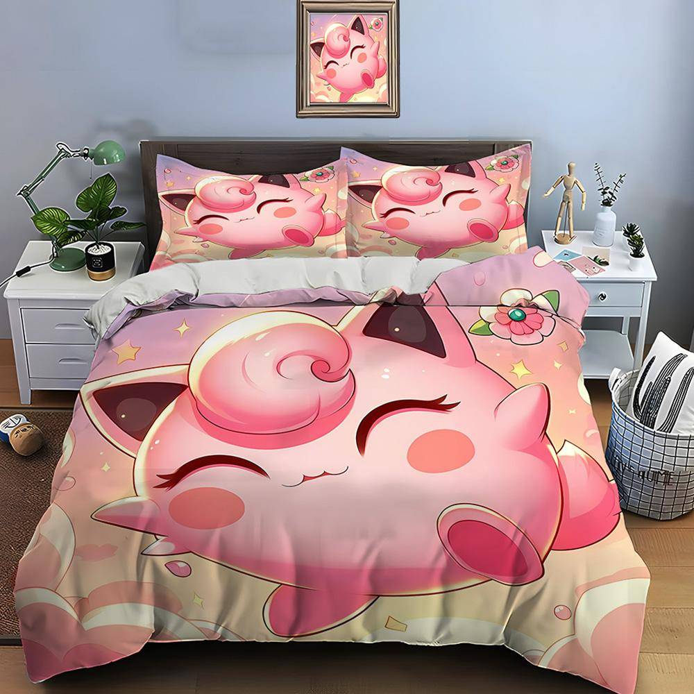 Pokemon Jigglypuff Tryck Sängklädesset Påslakan 1 Påslakan 2 Örngott Vuxen- och Barnsängklädesset Lyxig Födelsedagspresent US Twin 173X218cm