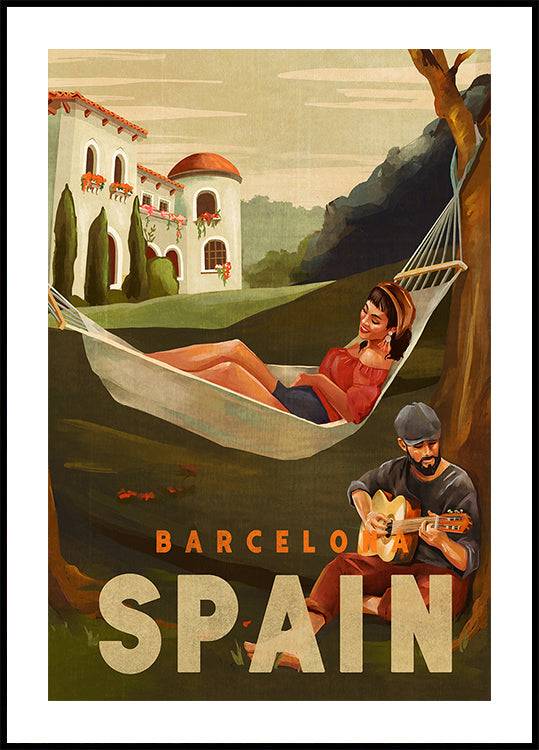 Barcelona Spain Guitar Player Travel Art Poster (40x50cm) - Plakater >