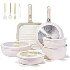 JEETEE Set med induktionsgrytor 25 delar, non-stick-stekpannor med avtagbara handtag, stekpanna 20/26 cm, djup stekpanna, 26 cm, kastrull 18/20 cm, grillpanna 26 cm, stapelbar, ugnssäker