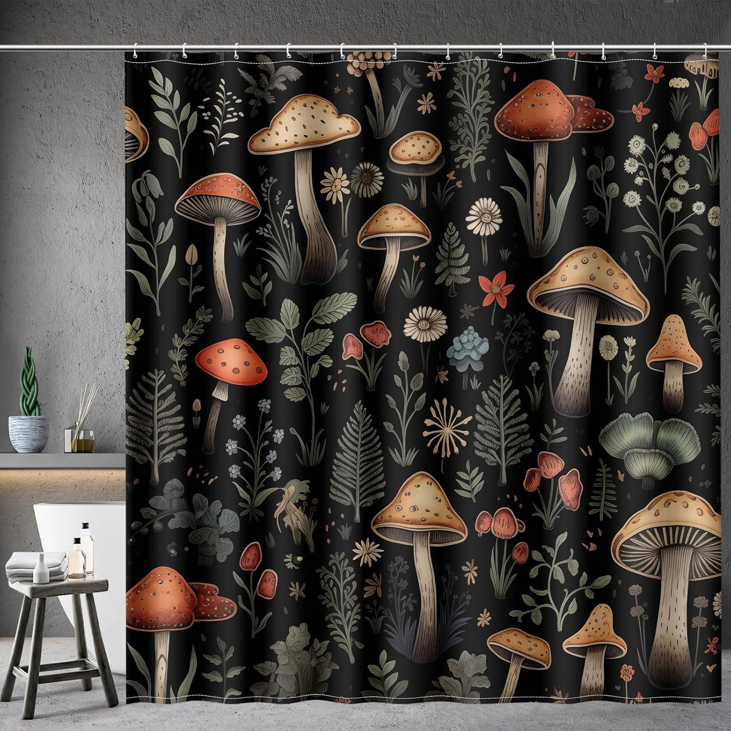 Aimego Svamp Boho Duschdraperier - Vintage Blomsterväxter Retro Blommor Bohemisk Älva Natur Botanisk Badrumsduschdraperi