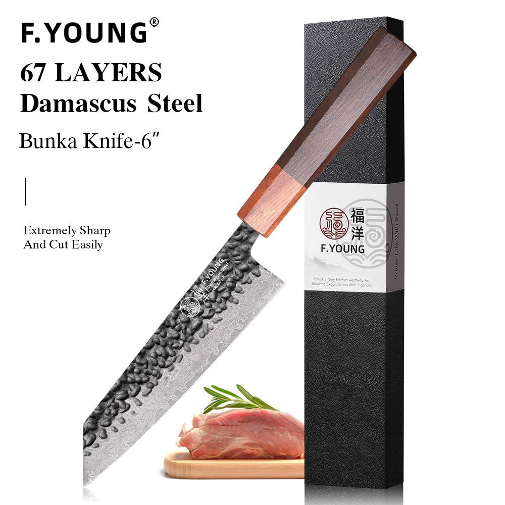 F.YOUNG 6" Japanese Handmade Bunka Knife Damascus Steel Professional Kiritsuke Chef Knives Kitchen Sharp Cleaver Cooking Tools