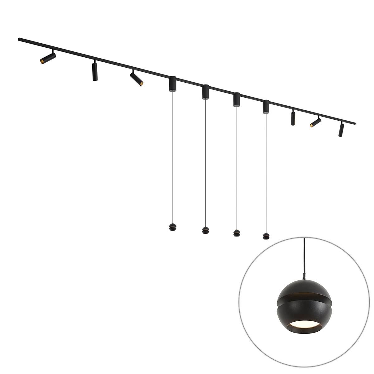 Moderne skinnesystem sort med 6 spots og 4 pendellamper Easylift 1-faset - Slimline Uzzy Tira