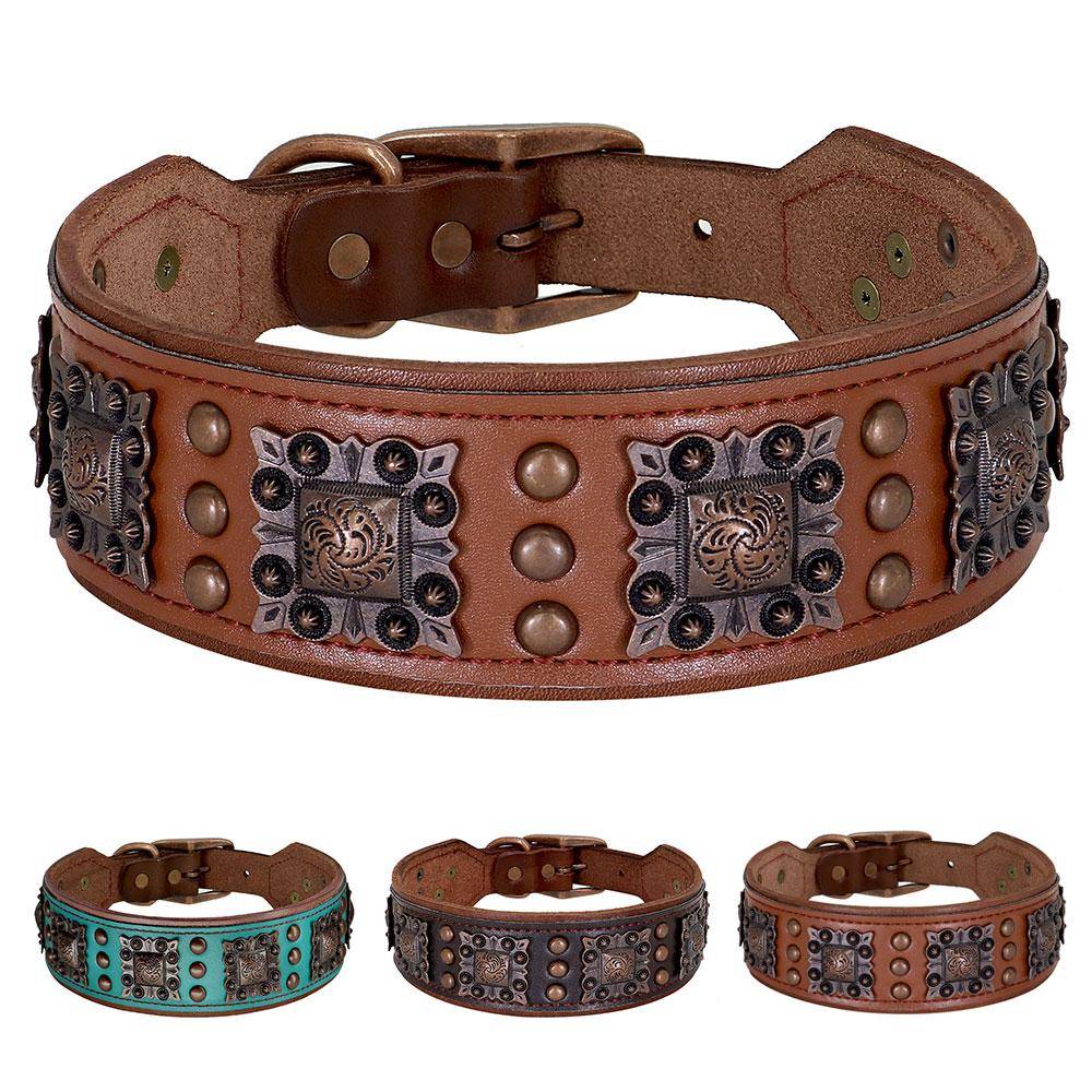 2 tum brett lyxigt hundhalsband i äkta läder, coola spikar, slitstarka halsband i metall, nitar för pitbull, schäfer brun