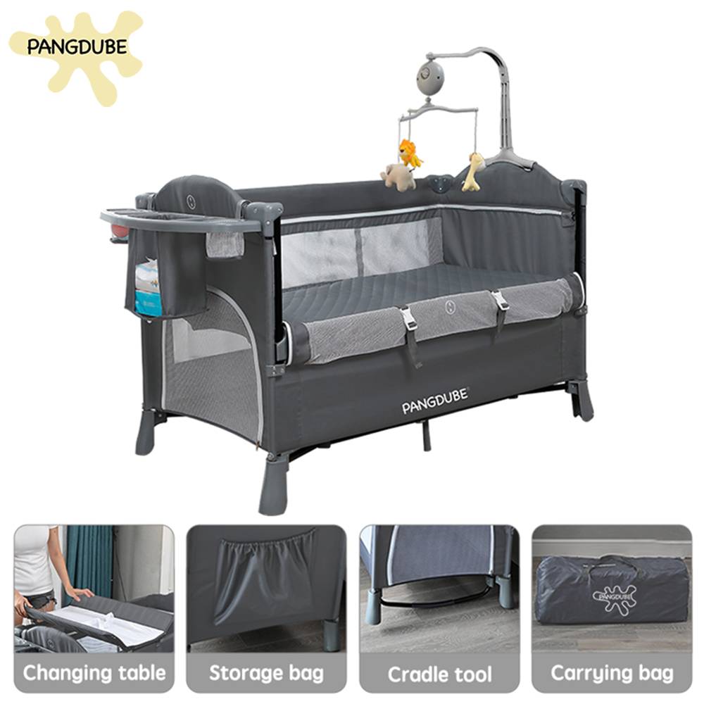 PANGDUBE Children's Crib 4 in 1 0-3 Years Multifunctional Convertable Bed with Running Function, Scroll, Coat, Portable Baby Crib with Storage Bag and Stand, Folding Baby Crib with 2 Wheels