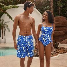 1 st herrshorts med tropiskt växtmönster och dragsko i midjan, lösa strandshorts för par, matchande badkläder, semester, hawaiiansk stil - Multifärgad (L,M,S,XL,XXL)
