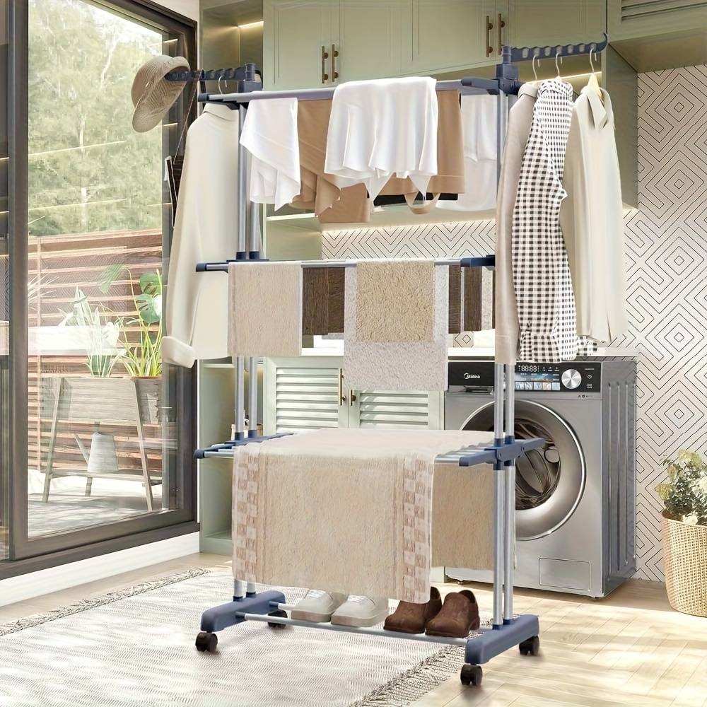TEMU 3-tier Clothes Airer With Adjustable Roller Rods, Foldable Hangers, And Wheels - Suitable For Indoor And Outdoor Use - Christmas, Back-to-school, New Year, Clothes Drying Rack, Drying Racks