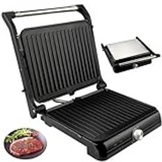 Bärbar panini pressgrill, 1200 W elektrisk panini grillmaskin med öppningsbar 180° dubbelsidig uppvärmning och intelligent temperaturkontroll, non-stick beläggning biff grillmaskin för grill och