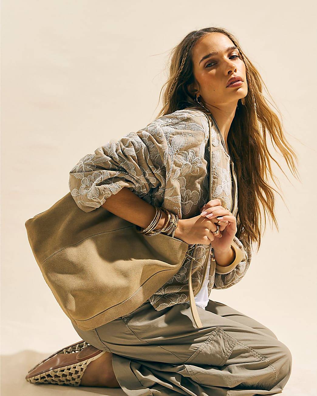 Beige Suede Buckle Slouch Bag