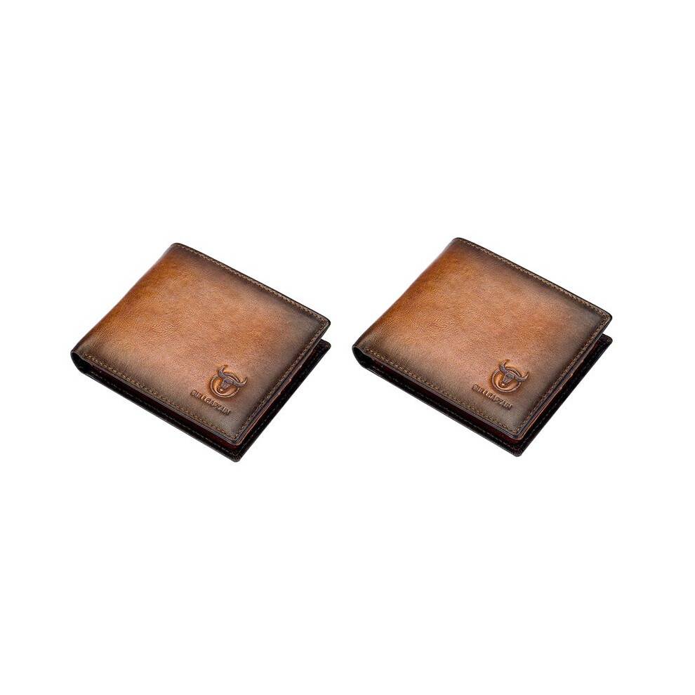 2X BULLCAPTAIN RFID Men's Leather Anti-Theft Brush Wallet Double Short Wallet Multi-Card Position ID Bag (Brown)
