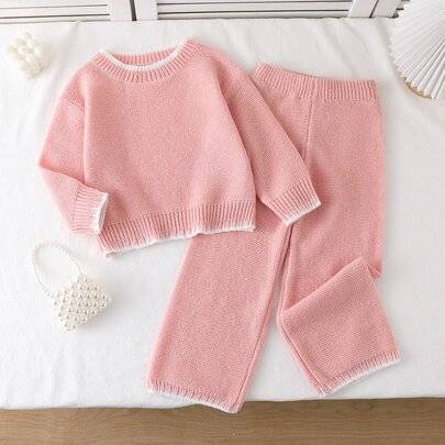 2-delat tröjset för småbarnsflickor, mångsidig rosa pullover med rund hals, vit kant och kort lång ärm, matchande raka stickade byxor, söt mjuk stil, (6Y,7Y,4Y,5Y)