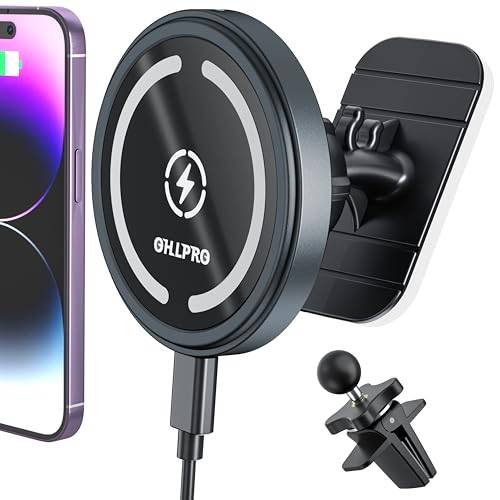 OHLPRO Magnetisk Trådlös Bil-Laddarhållare, Fäst på Instrumentbrädan för Magsafe Bilhållare iphone 15/15 ProMax/15 Pro/Plus/14/13/12/Pro Max/Pro, Snabbladdning Auto-Aligning Luftventil Telefonhållare