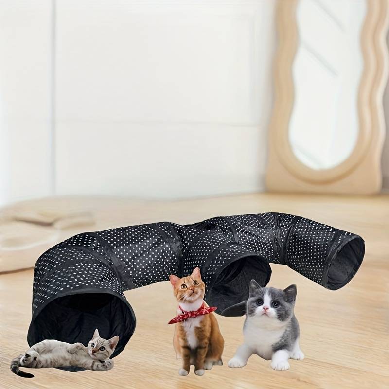 TEMU Black & White Polka Dot Cat Tunnel Toy - Y-shaped, E-shaped, , T-shaped - Durable Polyester Indoor Play & Pet Entertainment With Peekaboo Design, Design, Sturdy Construction