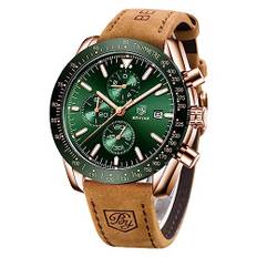 BY BENYAR Herren Business Analoger Chronograph Quarzuhr 30M Wasserdicht Leuchtende Datumsanzeige Modische Freizeituhr Sport Multifunktions Lederuhr.（Gold Grün）