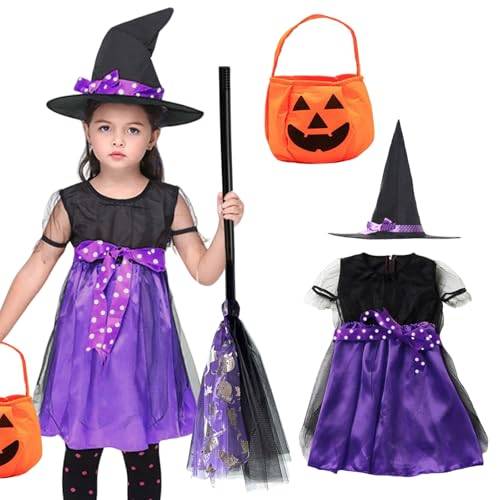 SOETDERT Häxdräkt för barn, halloweenkostym häxa flickor, halloween häxklänning med häxhatt, samlarväska, pumpa, häxkvast, kostym för barn, karneval, fest, cosplay (120 cm, lila)