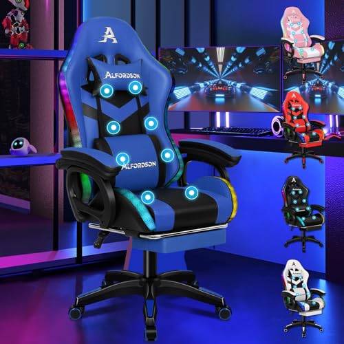 ALFORDSON Gaming Stuhl Gamer Stühle RGB LED Racing Gamer-Stuhl PC-Gaming-Sessel Massage Bürostuhl ergonomisch Fußstützen, Schreibtischstuhl, Neigungswinkel 90-150°,180 kg belastbar, Blau