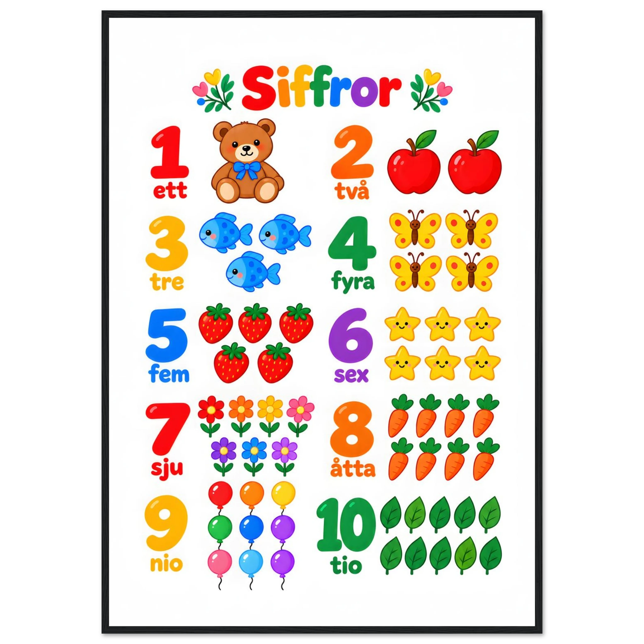 Färgglad sifferposter 1–10-70x100 cm / 28x40″ / Med ram / Svart