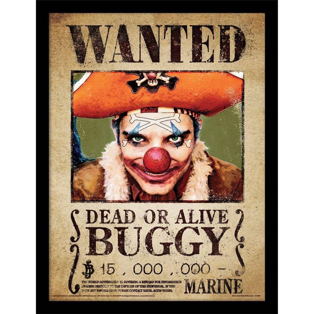 One Piece Live Action Buggy the Clown Wanted Poster Inramad affisch 40cm x svart