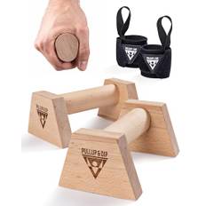 PULLUP & DIP Liegestützgriffe aus Holz inkl. Handgelenkbandagen – Ergonomische Handstandgriffe, rutschfeste Push-Up Bars für Calisthenics, Fitness & Oberkörpertraining