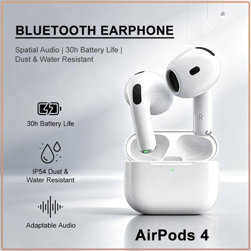 AirPods 4 Trådlösa Bluetooth-hörlurar En Tryckning Magisk Anslutning USB-C Laddningsfodral Lättviktig Komfort Stereo Headset vit