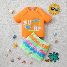 Bebis Pojkar Brev & Palmträd Tryckt Kort Ärm Baddräkt Och Badbyxor , Baddräkt Strand Sommar Semester - Orange (6-9M,9-12M,12-18M,18-24M,2-3Y)