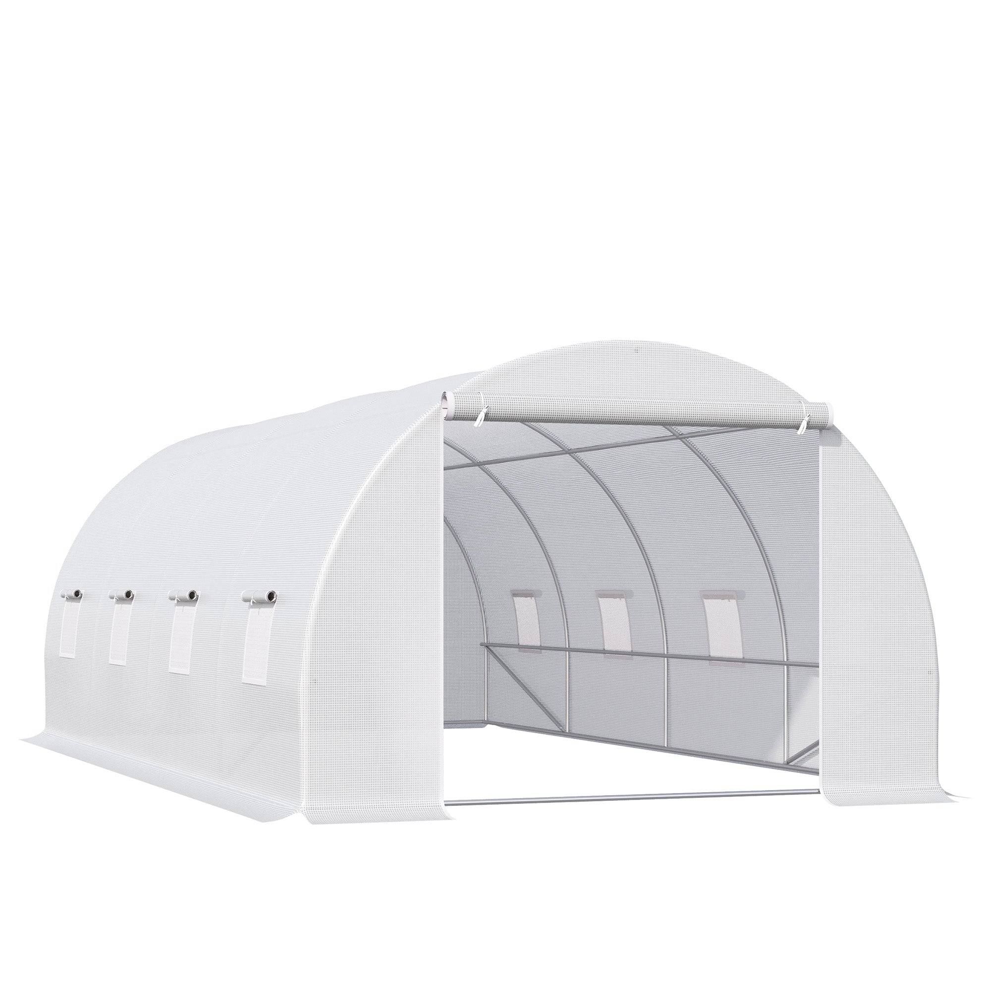 Drivhus 595x300x200cm, polytunneldrivhus, tomathus med dør, vindue, galvaniseret stålpolytunnel, plantetunnel, drivhus inklusive jordankre og reb, havetunnel, hvid