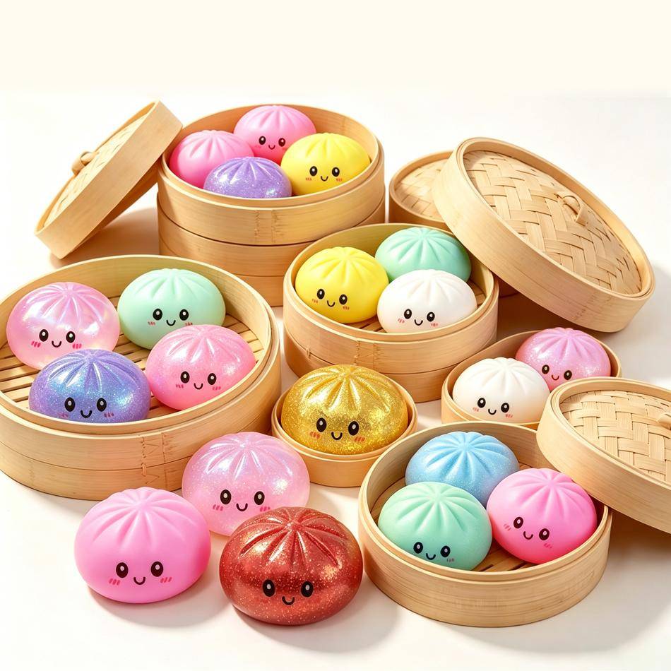 Multi-Color Glitter Squishy Bun Fidget Toy With Bamboo Steamer, Adult Stress Relief Sparkle Squeeze Dumpling Sensory Toy