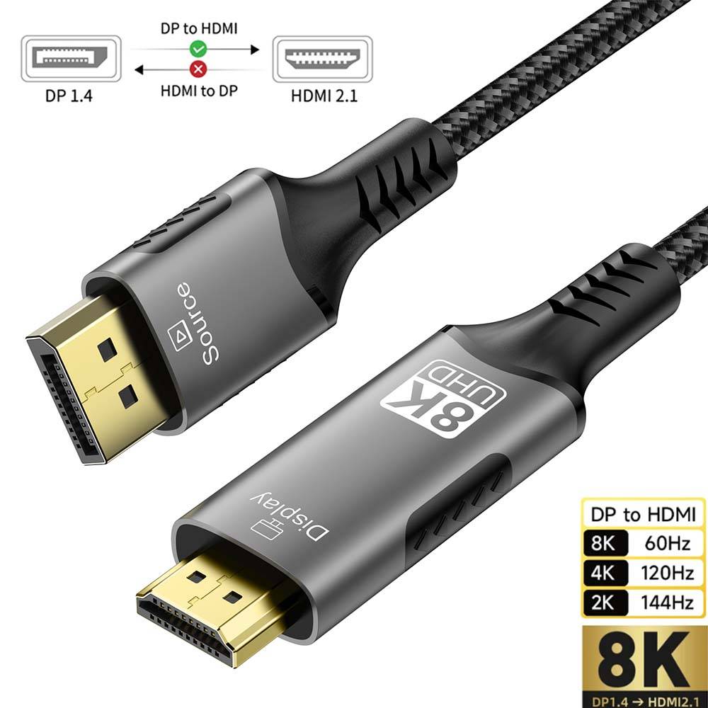DisplayPort to HDMI Cable 8K DP1.4 to HDMI 2.1 Converter 8K@60Hz 4K@120Hz HDR for Desktop Laptop PC TV Monitor Projector