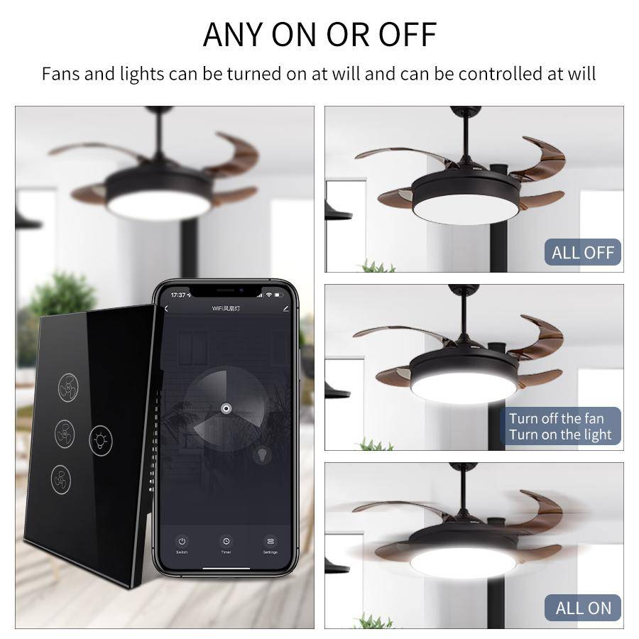 Tuya WiFi Takfläkt med Ljus Smart Strömbrytare Touch-brytare Smart Life App Fjärrstyrning Fungerar Med Alexa Google Home svart
