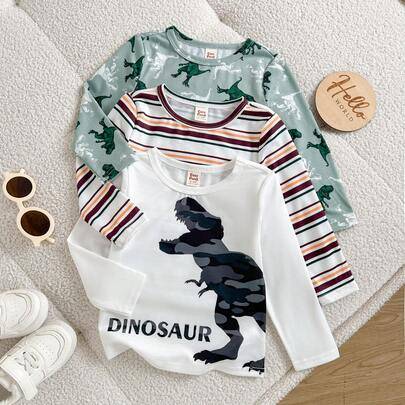3-delat toppset för baby- och småbarnspojkar med sött dinosaurie- och randmönster, avslappnad vardagsstil, mångsidigt - Multifärgad (6-9M,9-12M,12-18M,18-24M,2-3Y,3-6M)