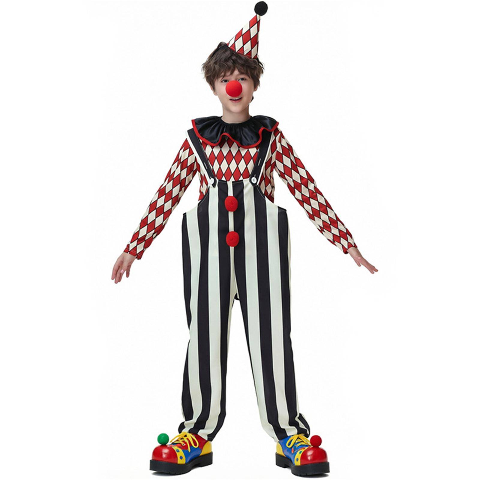 Barn Clownkostym Cirkusdräkt Barn Cosplay Prestandadräkt Småbarn Scenspel Halloweenfest Jumpsuit med Hatt och Hängslen cm svart