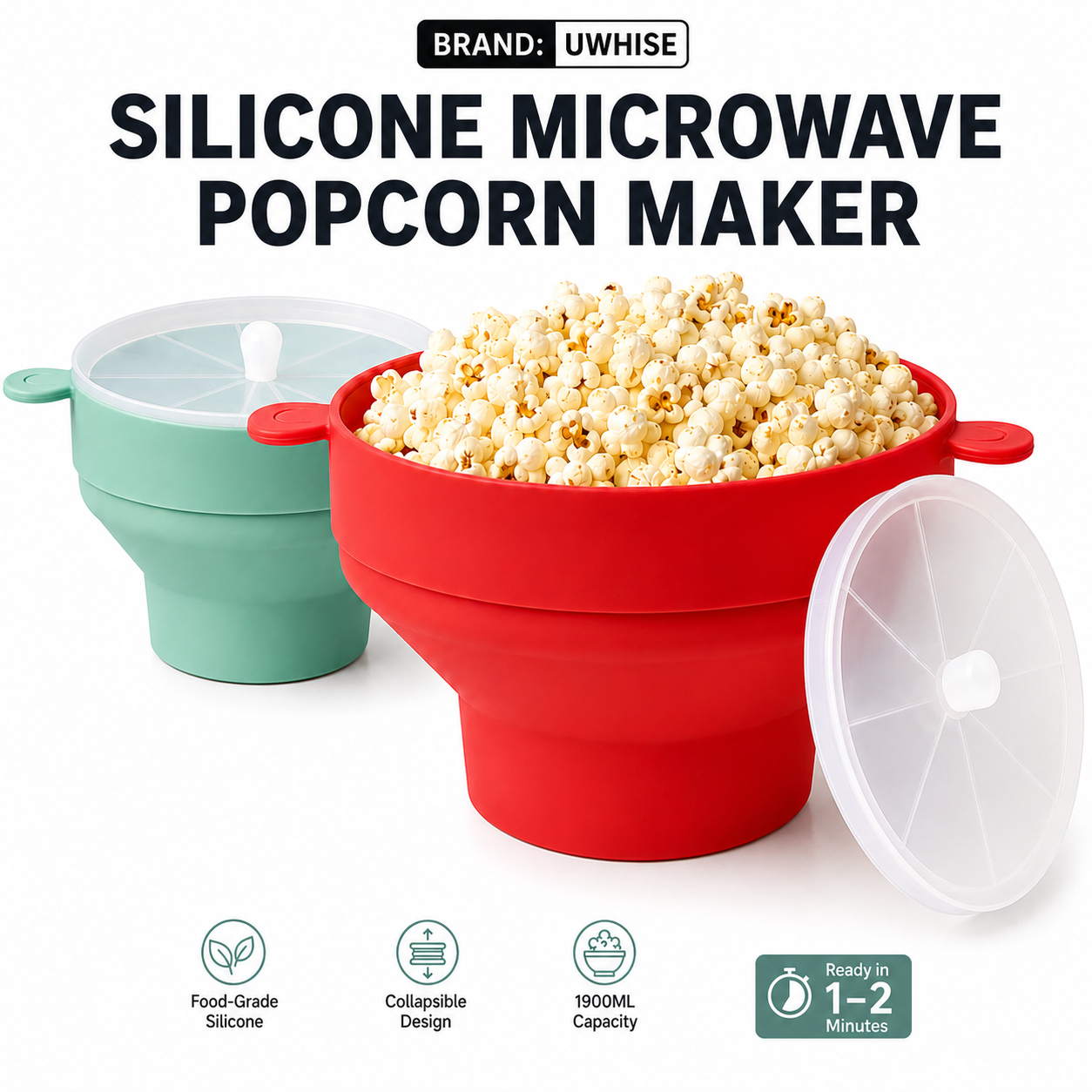 Uwhise Food Grade Silicone Microwave Popcorn Maker Large Capacity Collapsible Bowl Reusable Snack Popper With Lid Kitchen Gadget