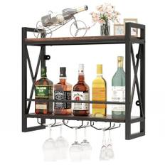COSTWAY 2 nivåer vinställ vägg, flaskhylla trä med metallram, med 3 rader vinglashållare, industriell design, perfekt för hem, bar, kök, restaurang, 60 x 20 x 55 cm