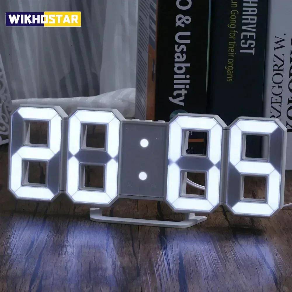 Köp Produkter Klocka 3D LED Digital Väckarklocka Väggklocka Tid/datum/temperatur För Hem/kök/kontor Klockor Dekor Trädgård blue