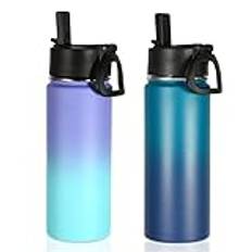 Volhoply 530 ml isolerad vattenflaska volym 2-pack, barn rostfritt stål vattenflaskor med sugrör, bred mun återanvändbar metallflaska, dubbel vägg vakuum sportflaska för kall dryck (blandade, 2