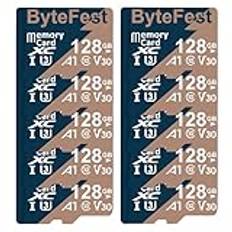 ByteFest 10-pack 128 GB mikro SD-kort med 10-adapter, UHS-I U3 TF-kort, C10, V30, 4K UHD-video, A1, microSDXC-flashminneskort för övervakningskamera, actionkameror, drönarspelkonsoler