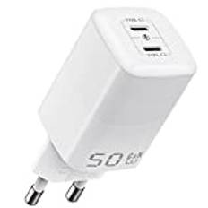 BZONE 50W USB C-laddare, GaN III Dual Port [30W + 20W] USB-C snabbladdare, PD 3.0 PPS Power Adapter Plug kompatibel med iPhone, Samsung Galaxy, Google Pixel, Huawei, Laptop (kabel ingår inte)