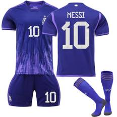 Argentina Borta-VM herretrøje Messi #10 Fodboldtrøje T-shirt Shorts Kit Fodbold 3-delt sæt til børn Voksne