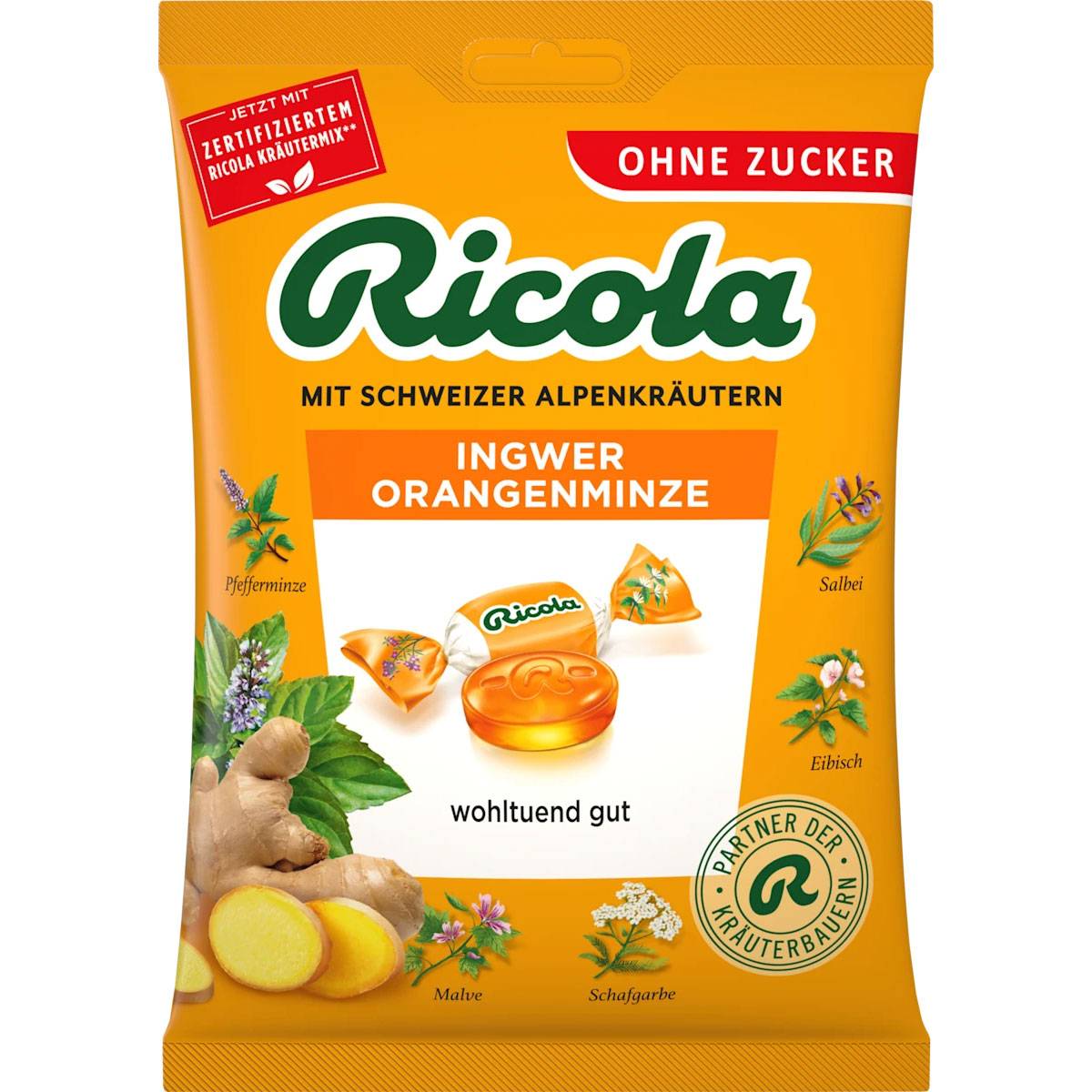 RICOLA Ginger & Orange Mint Sukkerfri Urtepastiller (Ps. 75g)
