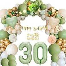 Födelsedagsdekorationer, 30 år gammal guldgrön ballong, 30 år gammal banderoll grattis på födelsedagen, grönt guld ballonggirlang kit för festdekorationer flicka dam